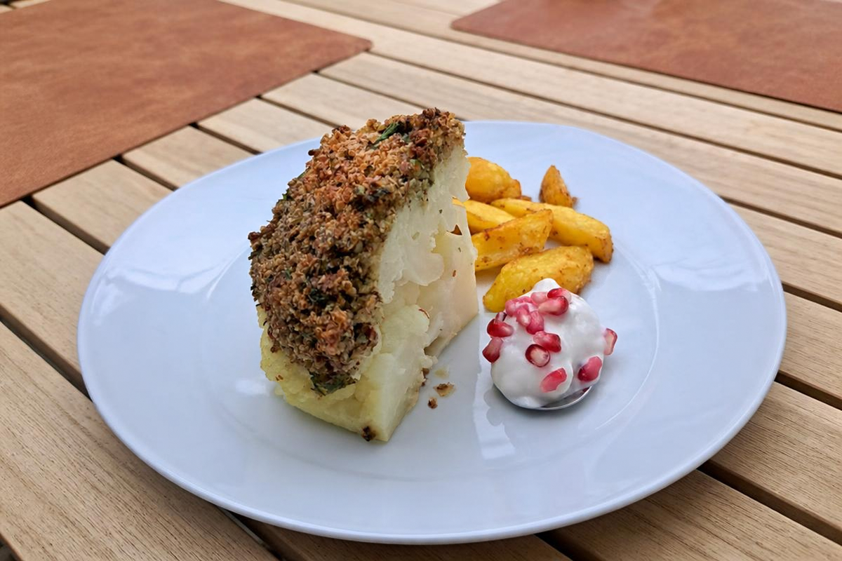 Blumenkohl mit Quinoa-Mandel-Kruste, Ofenkartoffeln und Granatapfel-Dip