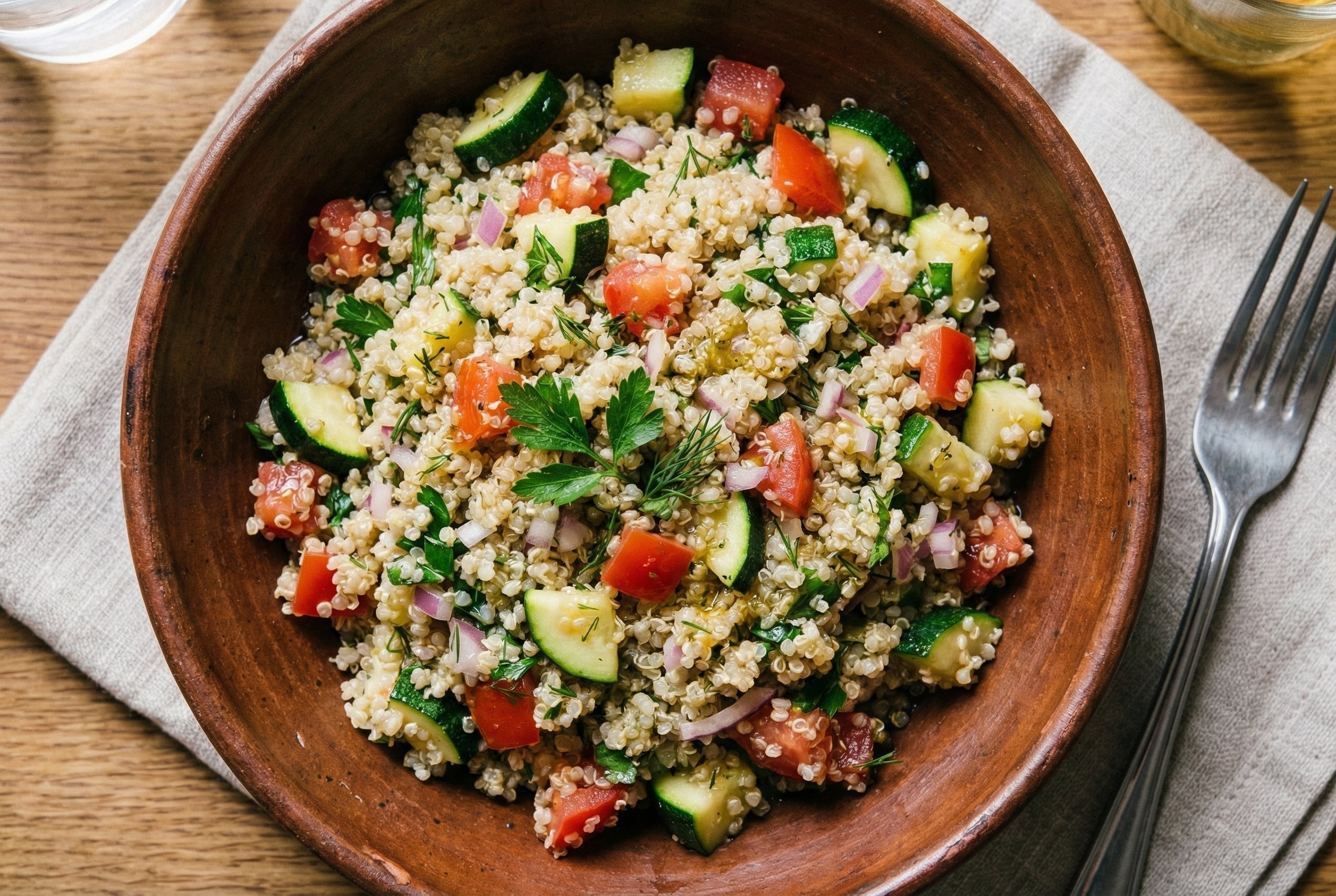 Frischer Quinoa-Kräutersalat mit Zucchini & Zitrone