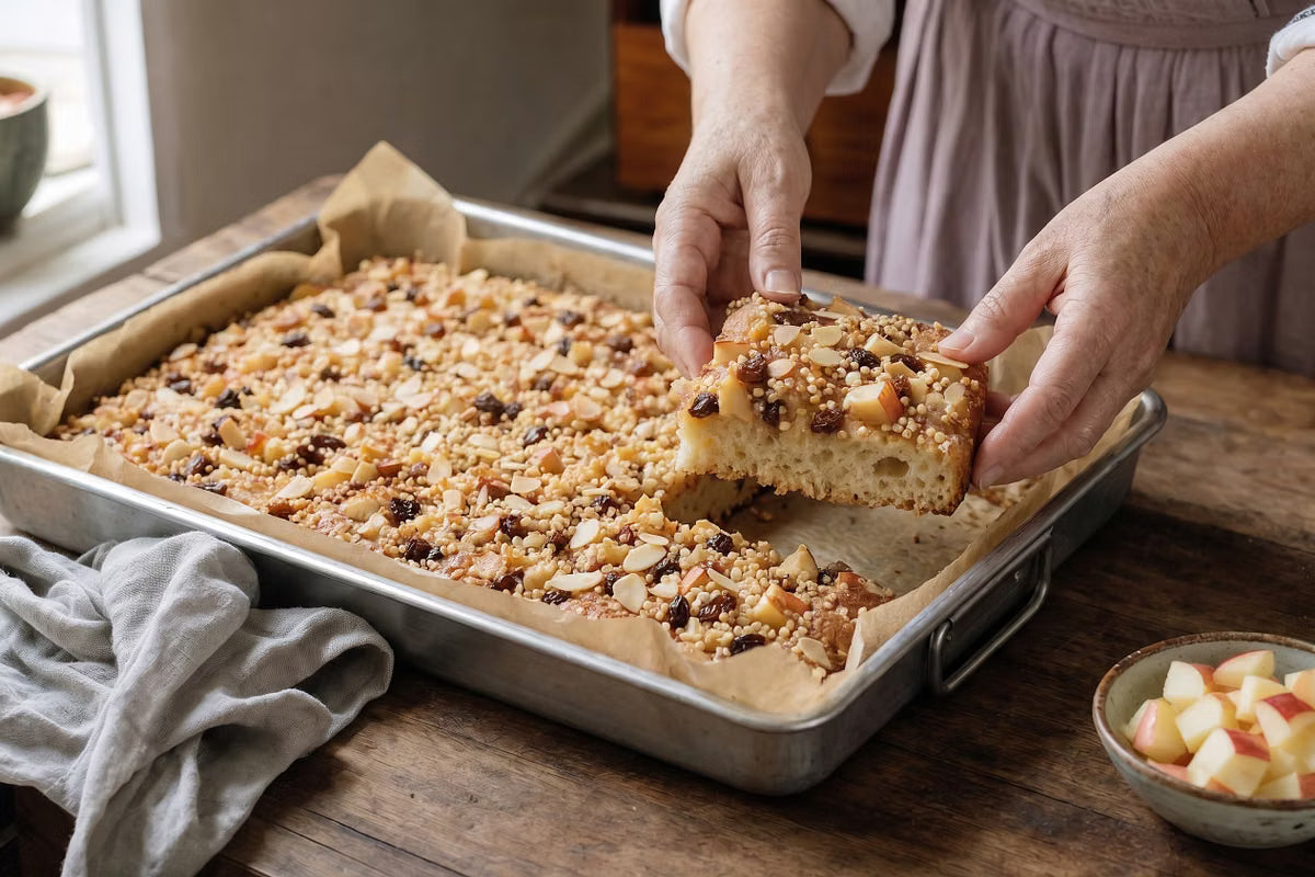 Quinoa-Apfelkuchen vom Blech (Hefeteig)