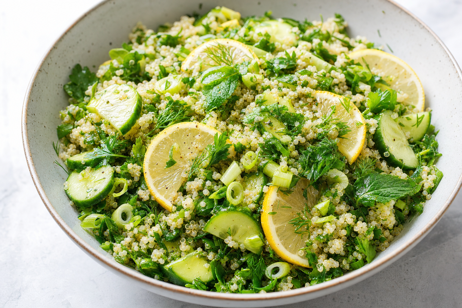 Frischer Quinoa-Kräutersalat mit Gurke, Feta & Zitrone