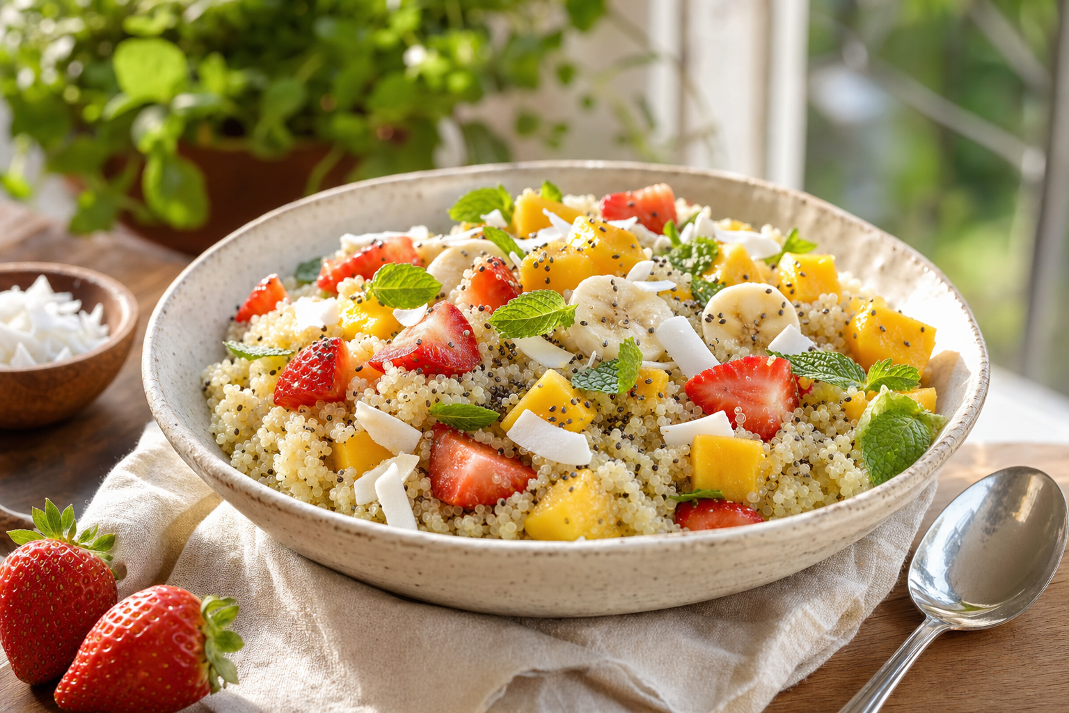 Süße Quinoa-Bowl mit Mango, Erdbeeren & Banane