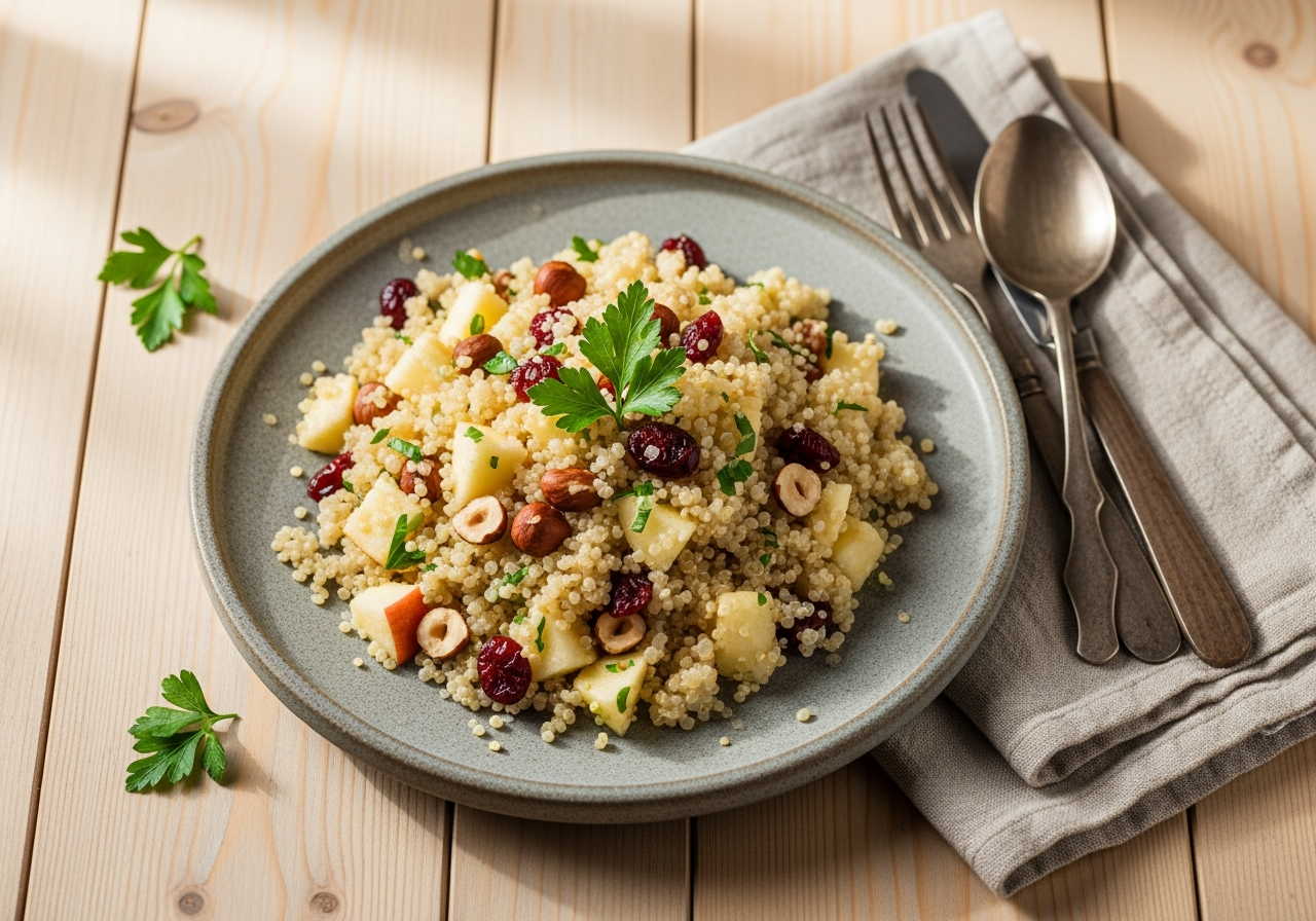Quinoa-Salat mit Haselnüssen, Apfel und Cranberries