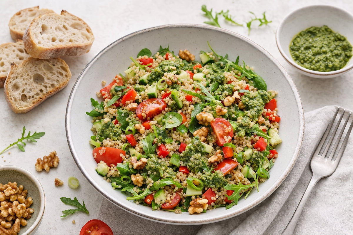 Sommerlicher Quinoa-Salat mit Kräuter-Walnuss-Pesto