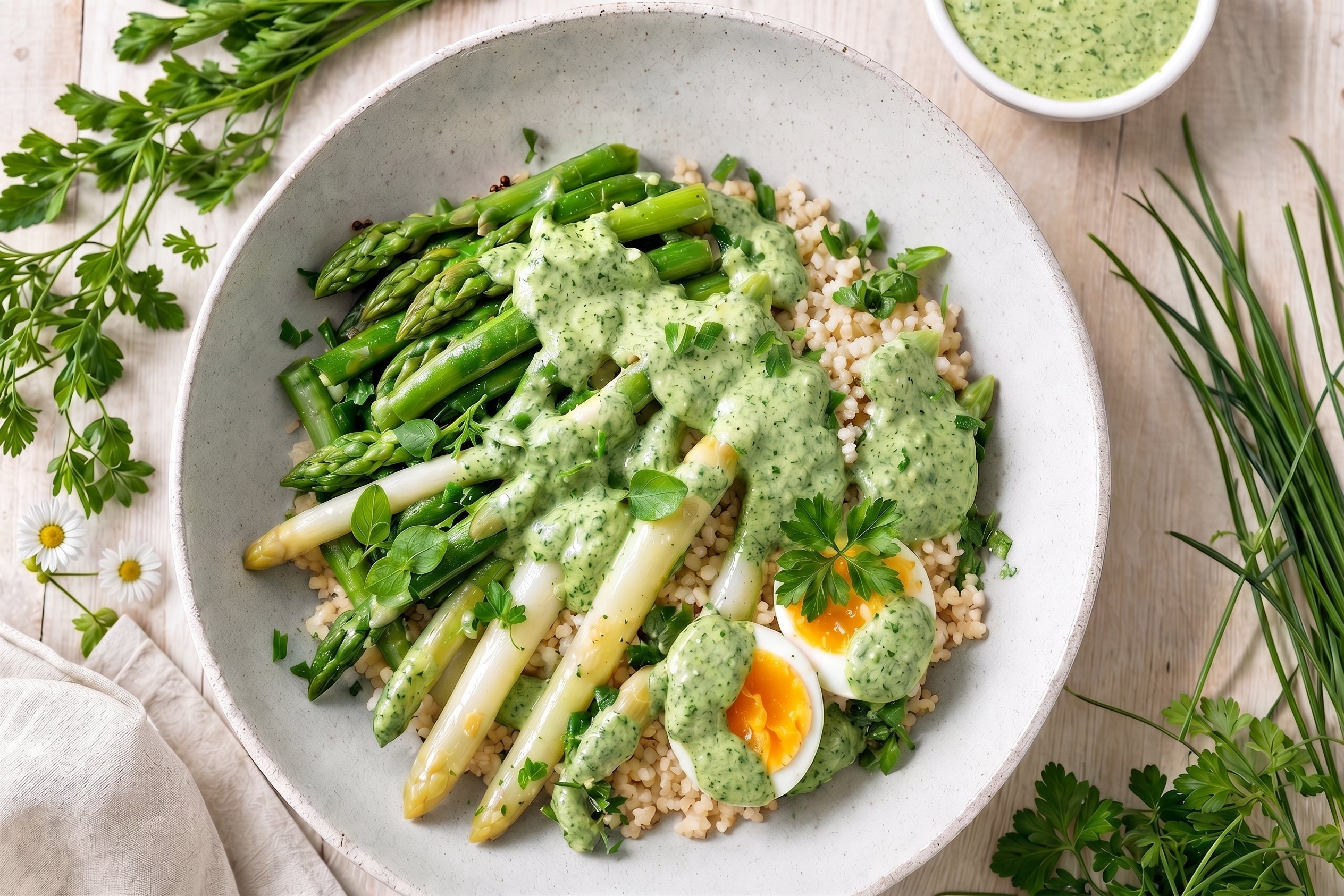 Frühlingsbowl mit Quinoa, Spargel & Grüner Soße