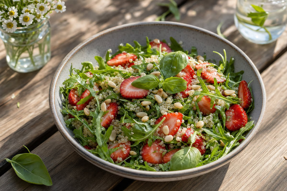 Fruchtiger Quinoa-Erdbeer-Salat mit Basilikum & Rucola