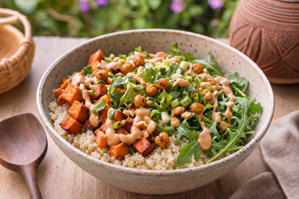Warmer Quinoa-Salat mit Rucola & Süßkartoffel
