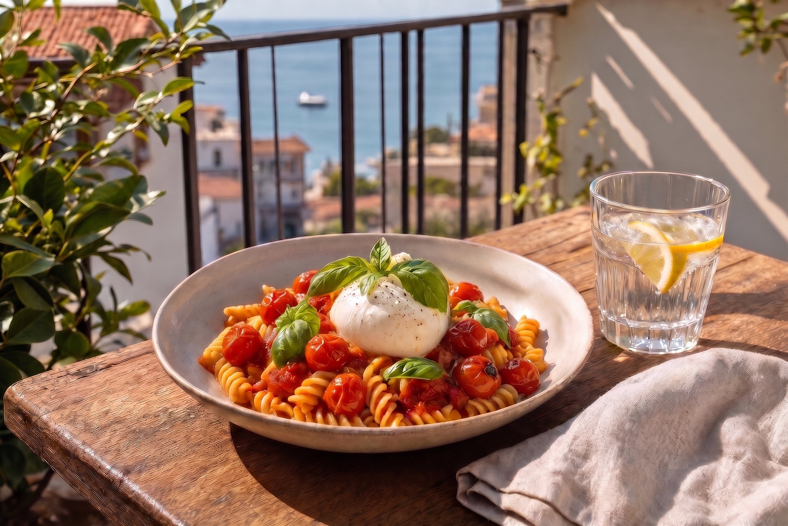 Sommerliche Quinoa-Pasta mit Tomaten, Burrata & Basilikum
