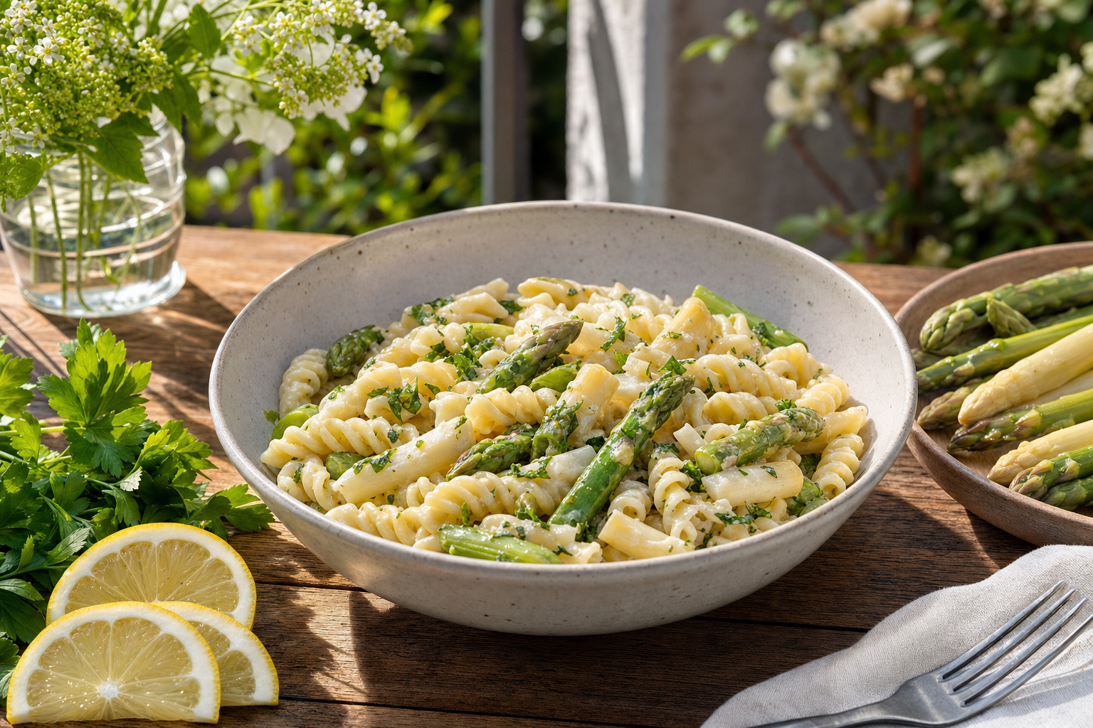 Cremige Quinoa Fusilli mit grünem & weißem Spargel