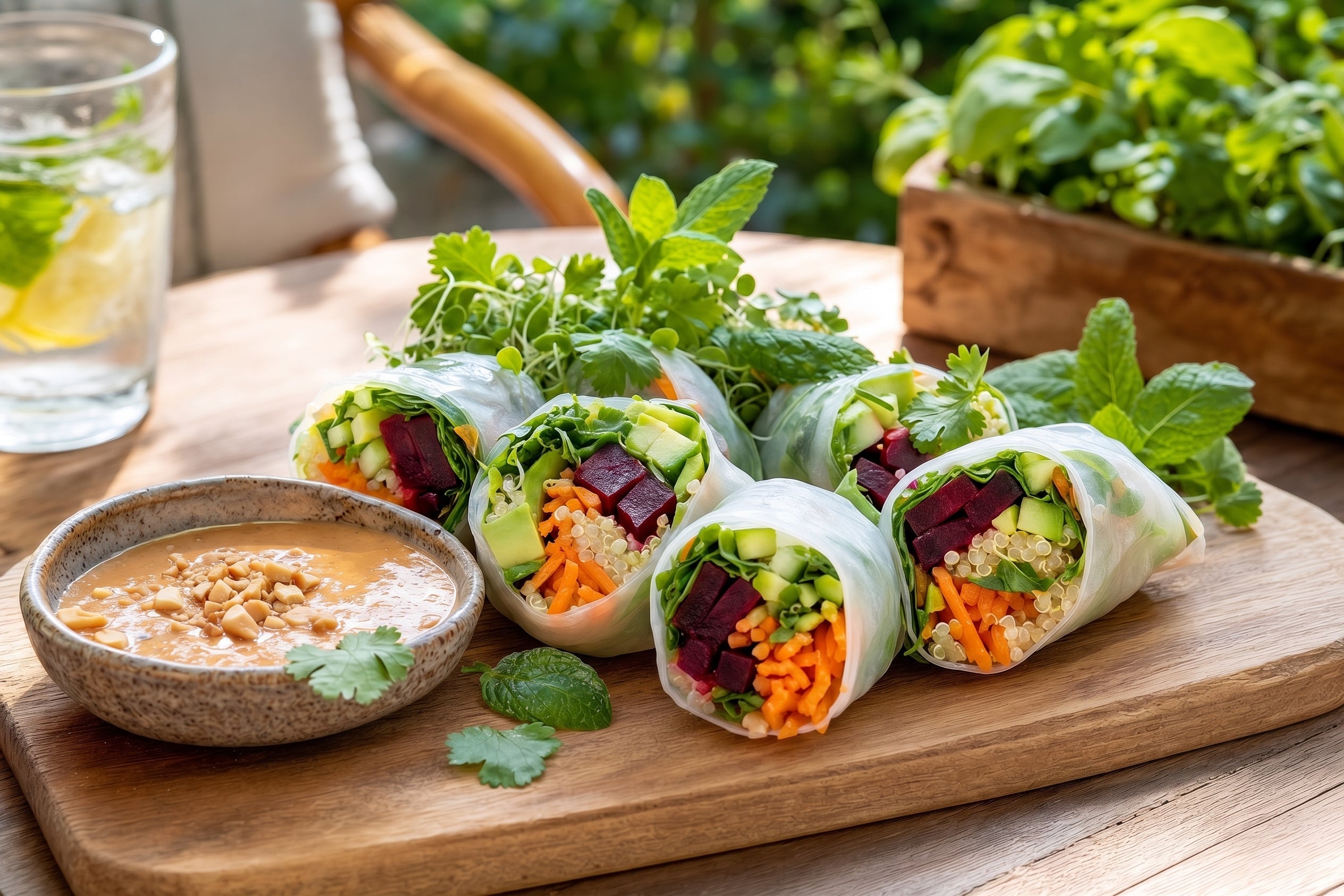 Vegane Quinoa-Sommerrollen mit buntem Gemüse und Erdnussdip