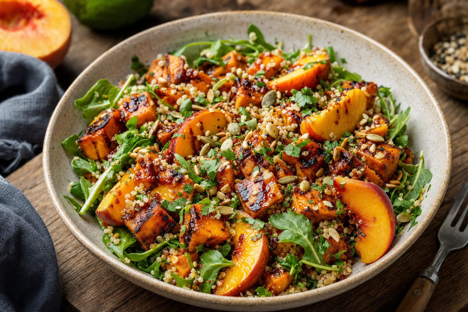 BBQ-Quinoa-Salat mit Süßkartoffeln & Pfirsich