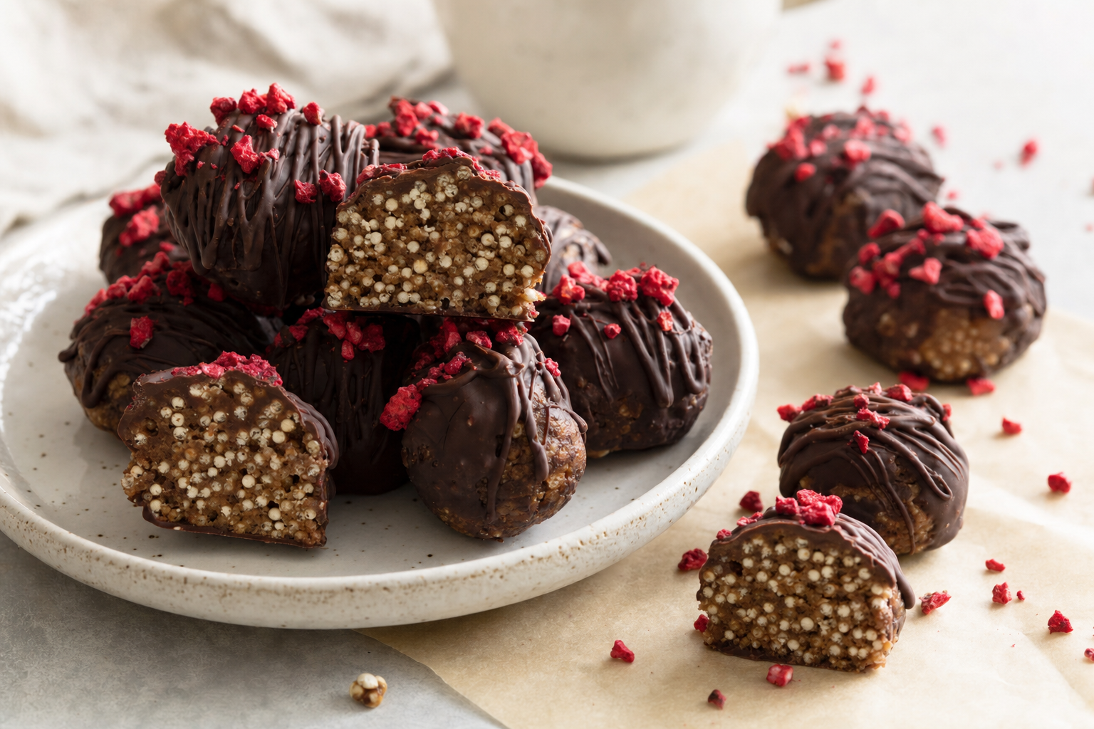 Beeren-Nuss-Quinoa-Happen mit dunkler Schokolade